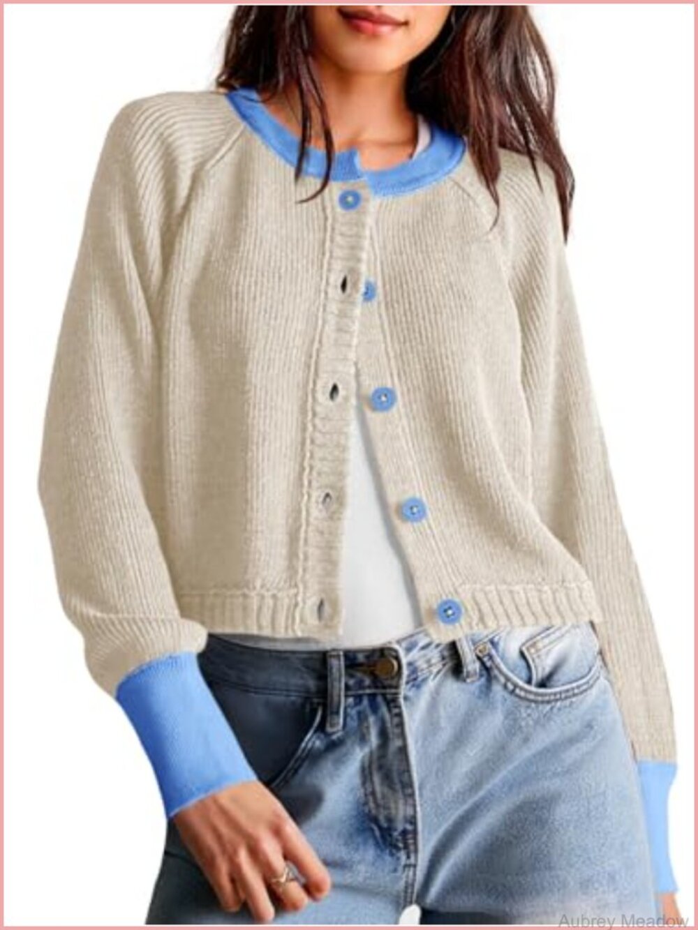 Cropped Button Down Cardigan Sweater Long Sleeve Knit Crew Neck Coat